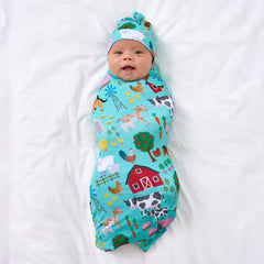 Blue Farm Fam Swaddle & Hat Set