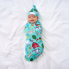 Blue Farm Fam Swaddle & Hat Set