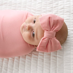Bubblegum Ribbed Swaddle & Luxe Bow Headband Set