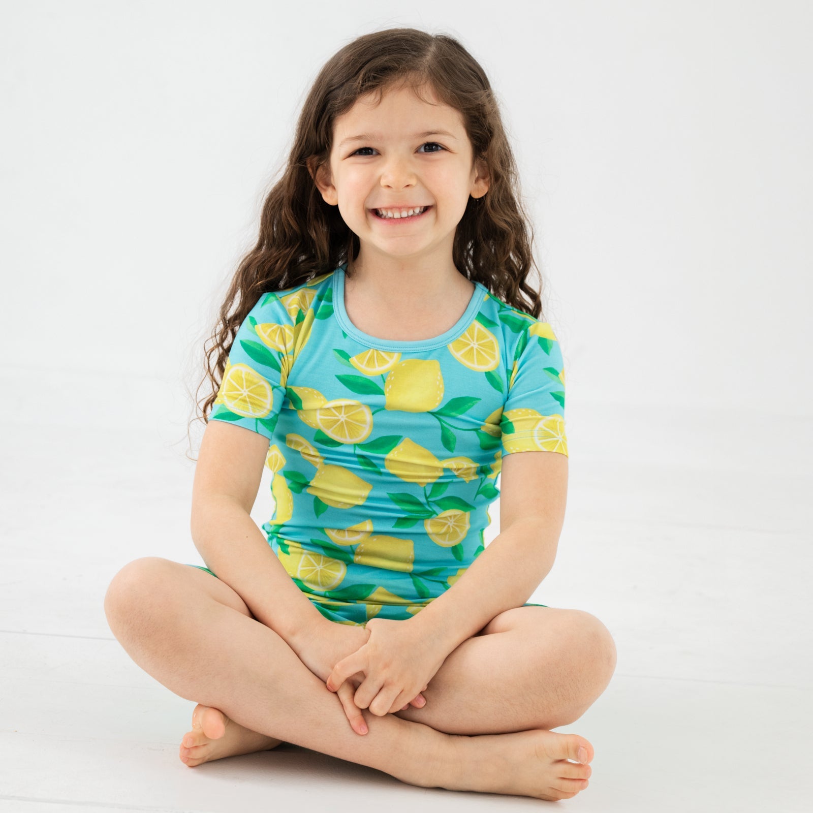 Blue Sunny Citrus Two-Piece Short Sleeve & Shorts Pajama Set