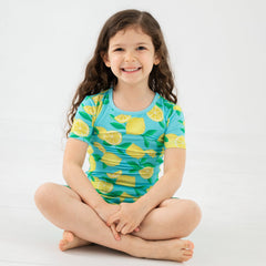 Blue Sunny Citrus Two-Piece Short Sleeve & Shorts Pajama Set