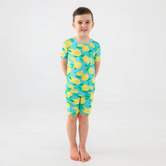 Blue Sunny Citrus Two-Piece Short Sleeve & Shorts Pajama Set