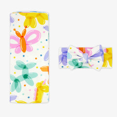 Balloon Bash Swaddle & Luxe Bow Headband Set