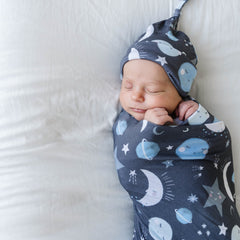 Blue To the Moon & Back Swaddle & Hat Set