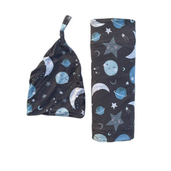 Blue To the Moon & Back Swaddle & Hat Set